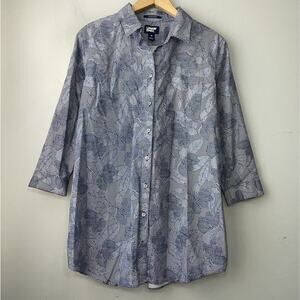 Lands End Button Up Shirt Women Size 12 Blue No Iron Supima Career Casual Preppy